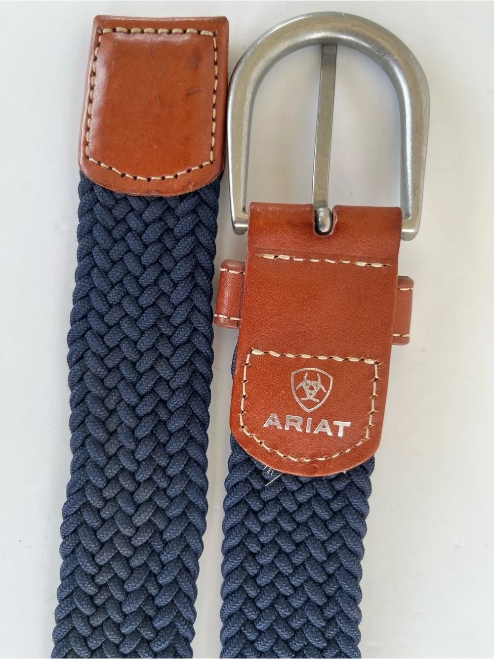 Ariat One Rail Woven Navy Belt with Brown Leather Accents Size M